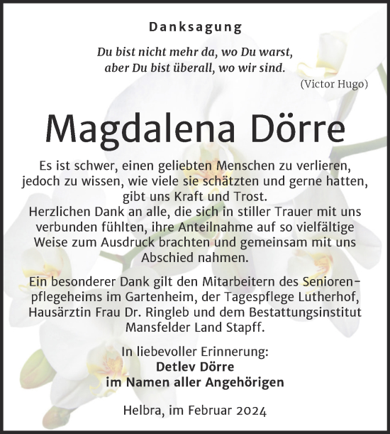 Traueranzeige von Magdalena Dörre von Trauerkombi Mansfelder Land