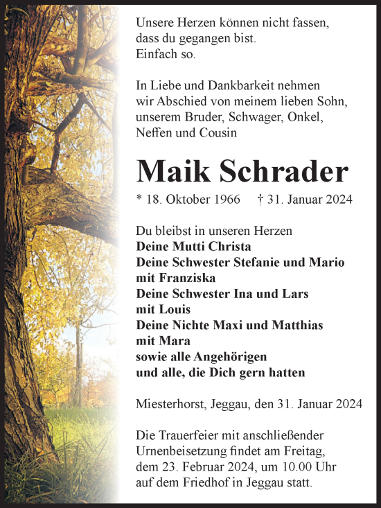 Traueranzeige von Maik Schrader von Volksstimme Altmark West
