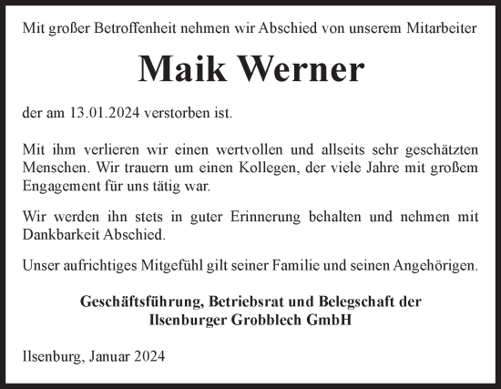 Traueranzeige von Maik Werner von Volksstimme Wernigerode
