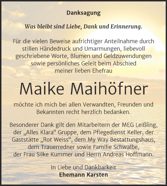 Traueranzeige von Maike Maihäfner von Trauerkombi Weißenfels
