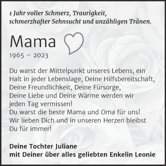 Traueranzeige von Mama  von Trauerkombi Aschersleben