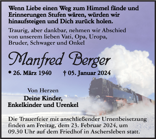 Traueranzeige von Manfred Berger von Trauerkombi Aschersleben