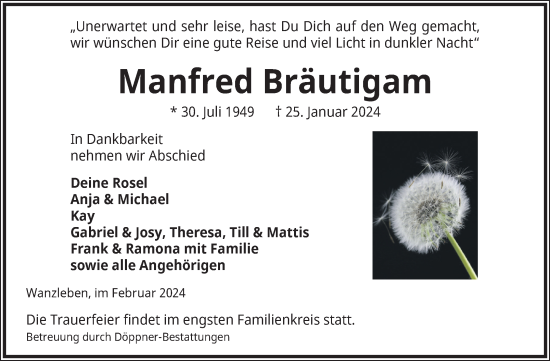 Traueranzeige von Manfred Bräutigam von Volksstimme Oschersleben/Wanzleben