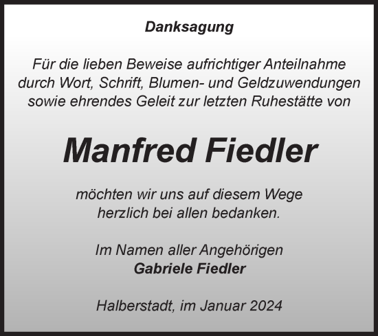 Traueranzeige von Manfred Fiedler von Volksstimme Halberstadt