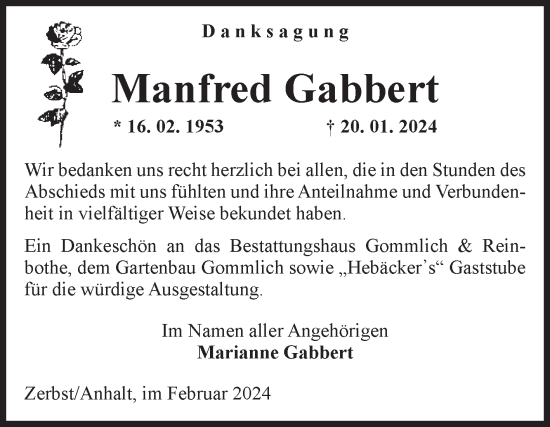 Traueranzeige von Manfred Gabbert von Volksstimme Zerbst