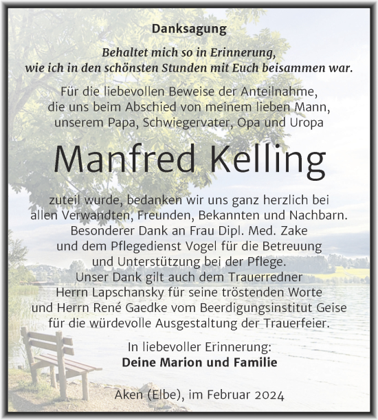 Traueranzeige von Manfred Kelling von Trauerkombi Köthen