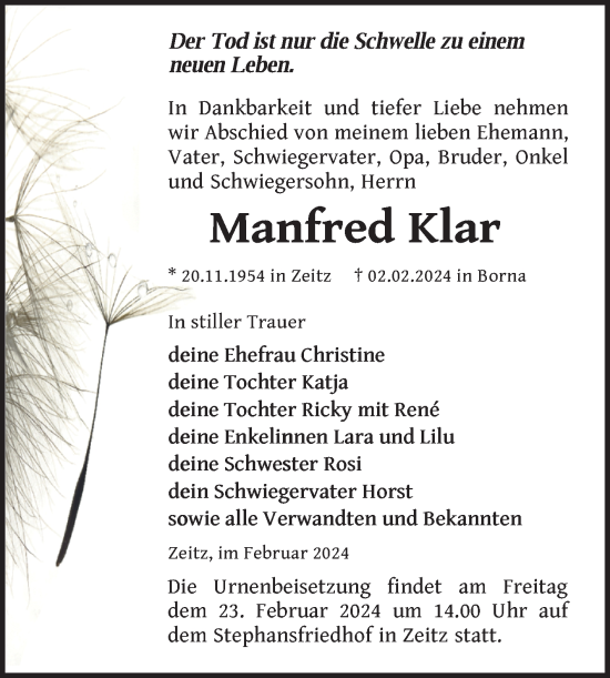 Traueranzeige von Manfred Klar von Trauerkombi Zeitz