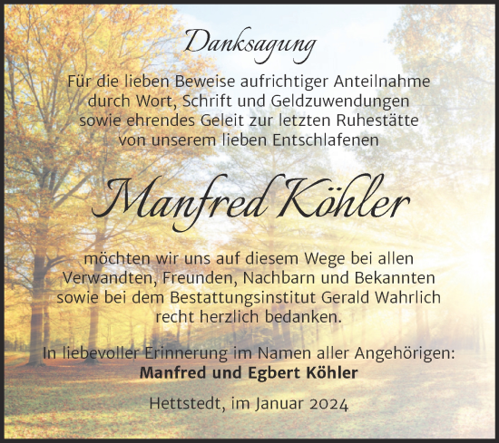 Traueranzeige von Manfred Köhler von Trauerkombi Mansfelder Land