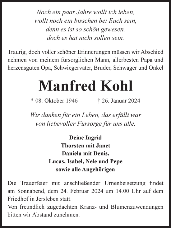 Traueranzeige von Manfred Kohl von Volksstimme Haldensleben/Wolmirstedt