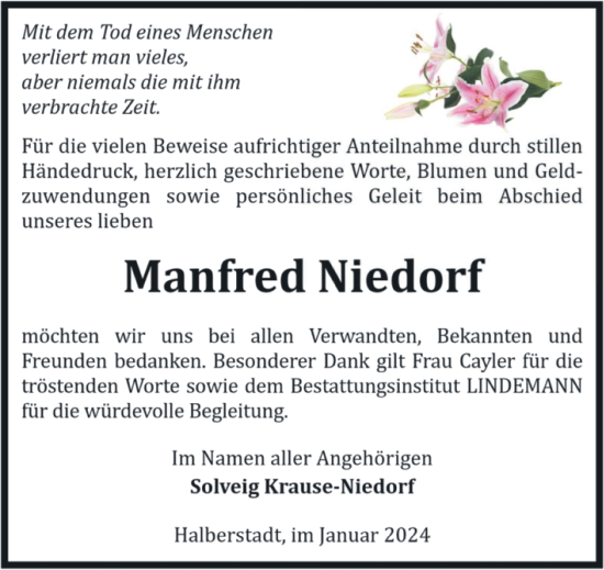 Traueranzeige von Manfred Niedorf von Volksstimme Halberstadt