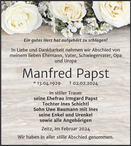 Traueranzeige von Manfred Papst von Trauerkombi Zeitz