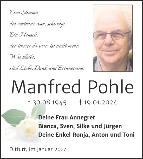Traueranzeige von Manfred Pohle von Trauerkombi Quedlinburg