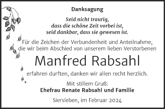 Traueranzeige von Manfred Rabsahl von Trauerkombi Mansfelder Land