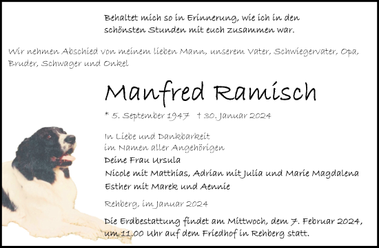 Traueranzeige von Manfred Ramisch von Volksstimme Altmark Ost