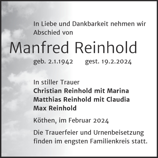 Traueranzeige von Manfred Reinhold von Trauerkombi Köthen