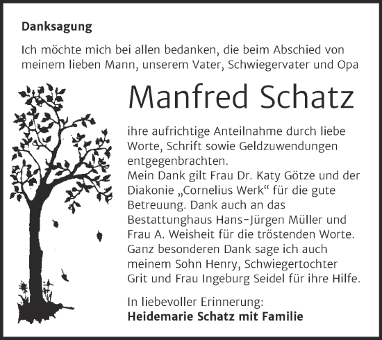 Traueranzeige von Manfred Schatz von Trauerkombi Aschersleben