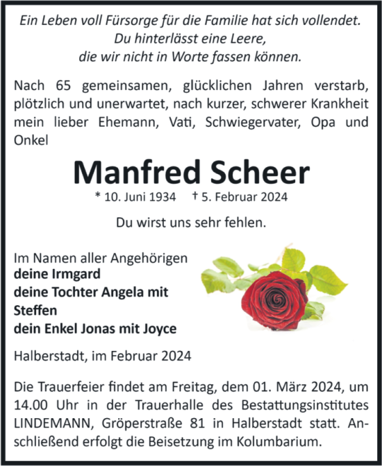 Traueranzeige von Manfred Scheer von Volksstimme Halberstadt