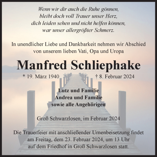 Traueranzeige von Manfred Schliephake von Volksstimme Altmark Ost