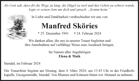 Traueranzeige von Manfred Sköries von Volksstimme Altmark Ost