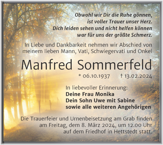 Traueranzeige von Manfred Sommerfeld von Trauerkombi Mansfelder Land