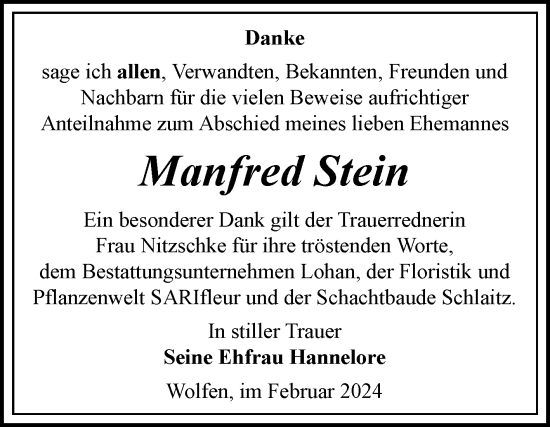 Traueranzeige von Manfred Stein von Trauerkombi Bitterfeld