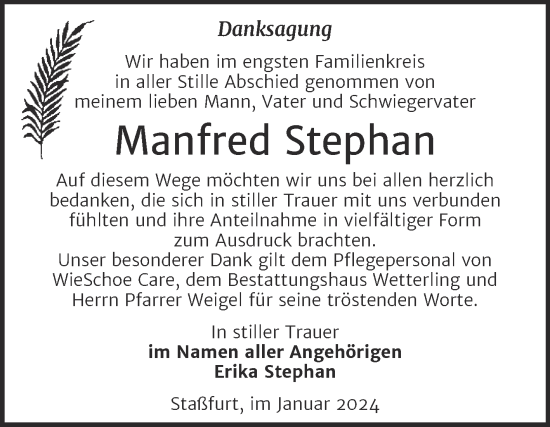 Traueranzeige von Manfred Stephan 