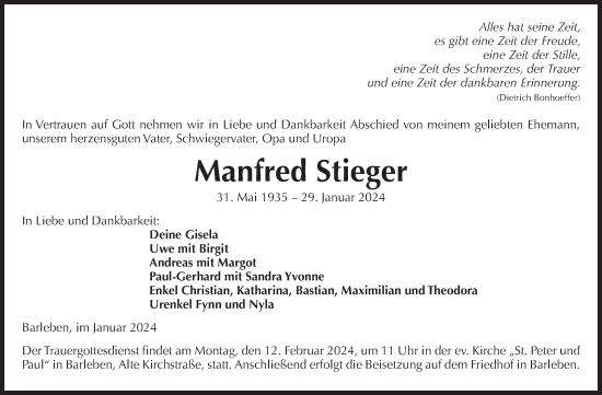 Traueranzeige von Manfred Stieger von Volksstimme Magdeburg