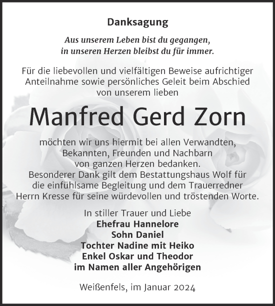 Traueranzeige von Manfred Gerd Zorn von Trauerkombi Weißenfels