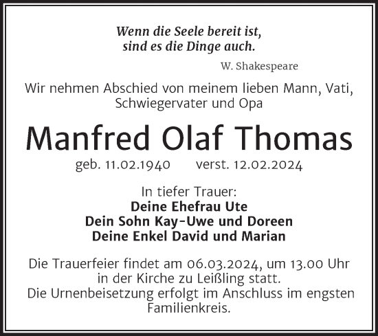 Traueranzeige von Manfred Olaf Thomas von Trauerkombi Weißenfels