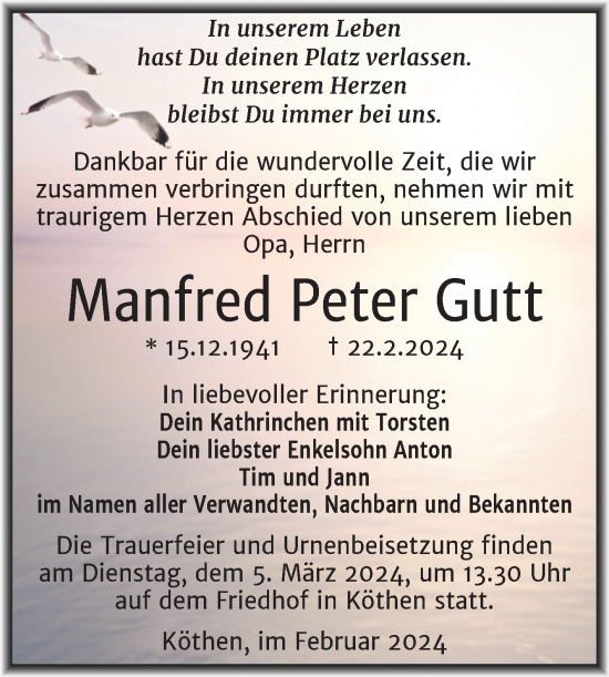 Traueranzeige von Manfred Peter Gutt von Trauerkombi Köthen