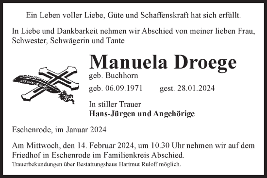 Traueranzeige von Manuela Droege von Volksstimme Haldensleben/Wolmirstedt