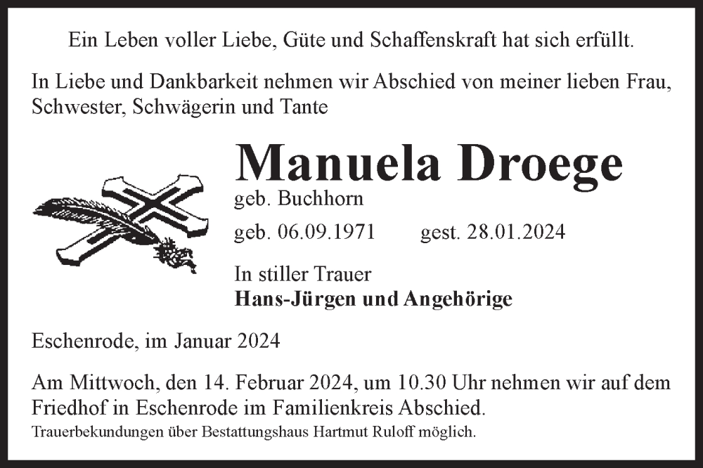  Traueranzeige für Manuela Droege vom 03.02.2024 aus Volksstimme Haldensleben/Wolmirstedt