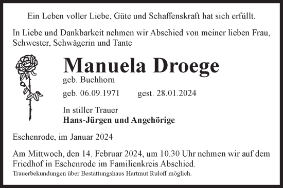 Traueranzeige von Manuela Droege von Volksstimme Haldensleben/Wolmirstedt