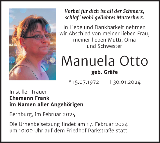 Traueranzeige von Manuela Otto von Trauerkombi Bernburg