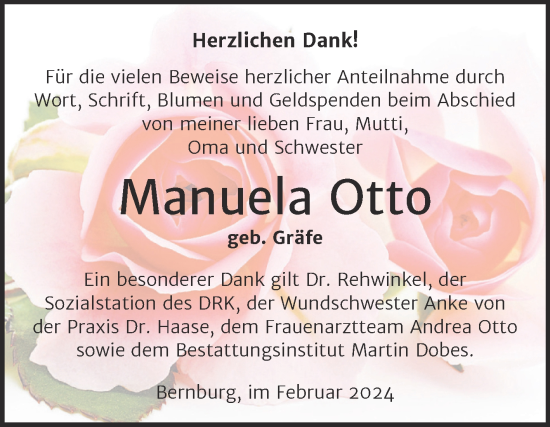 Traueranzeige von Manuela Otto von Trauerkombi Bernburg