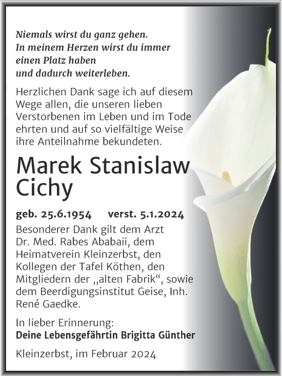 Traueranzeige von Marek Stanislaw Cichy von Trauerkombi Köthen