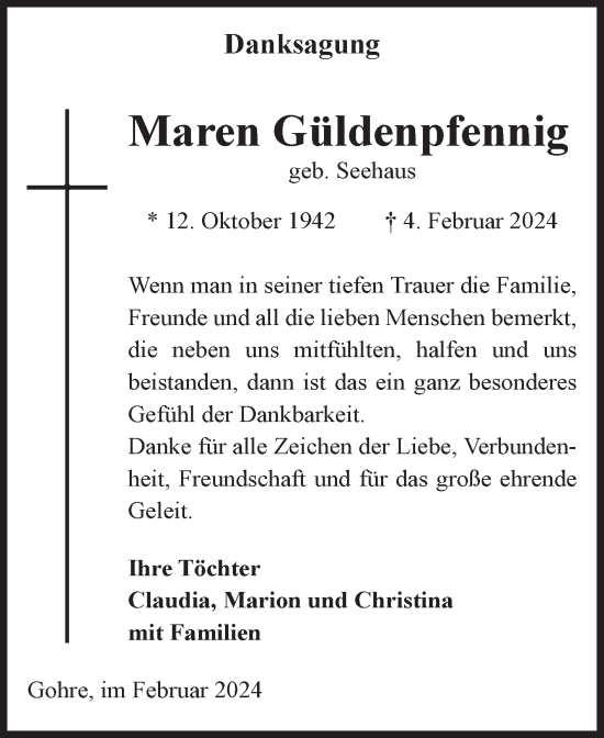 Traueranzeige von Maren Güldenpfennig von Volksstimme Altmark Ost
