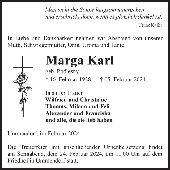 Traueranzeige von Marga Karl von Volksstimme Oschersleben/Wanzleben