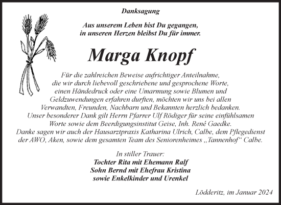 Traueranzeige von Marga Knopf von Volksstimme Schönebeck