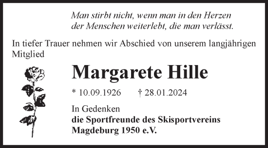 Traueranzeige von Margarete Hille von Volksstimme Magdeburg