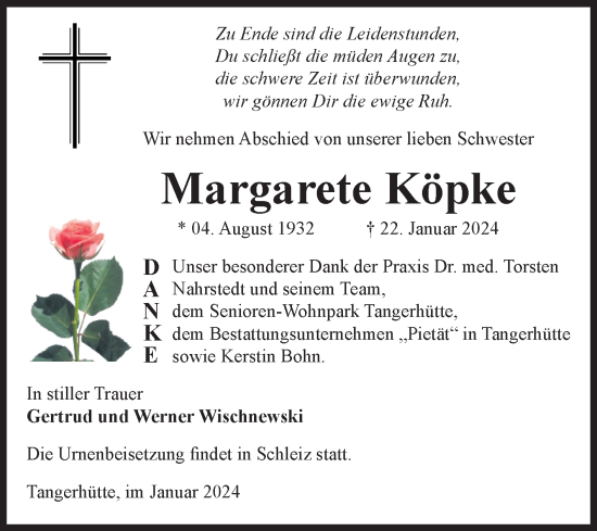 Traueranzeige von Margarete Köpke von Volksstimme Altmark Ost