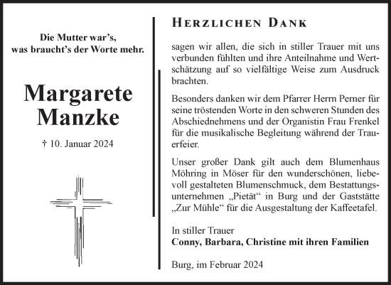 Traueranzeige von Margarete Manzke von Volksstimme Burg/Genthin