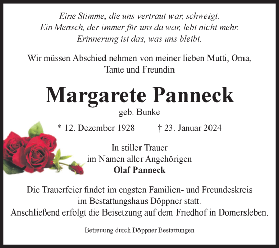Traueranzeige von Margarete Panneck von Volksstimme Oschersleben/Wanzleben