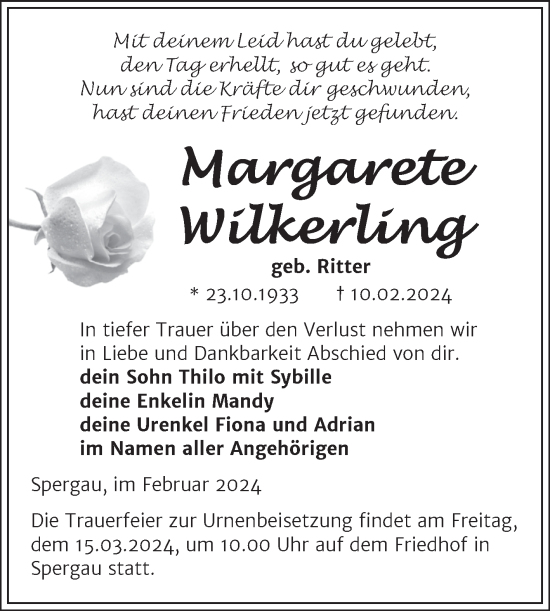 Traueranzeige von Margarete Wilkerling von Trauerkombi Merseburg
