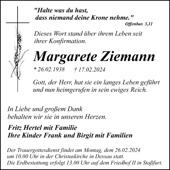 Traueranzeige von Margarete Ziemann von Mitteldeutsche Zeitung Dessau-Roßlau