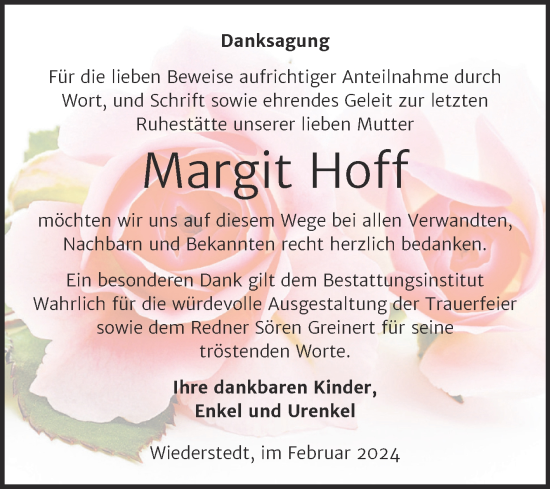 Traueranzeige von Margit Hoff von Trauerkombi Mansfelder Land