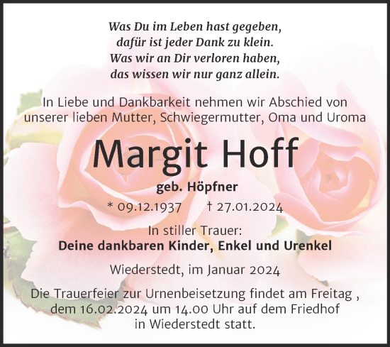 Traueranzeige von Margit Hoff von Trauerkombi Mansfelder Land