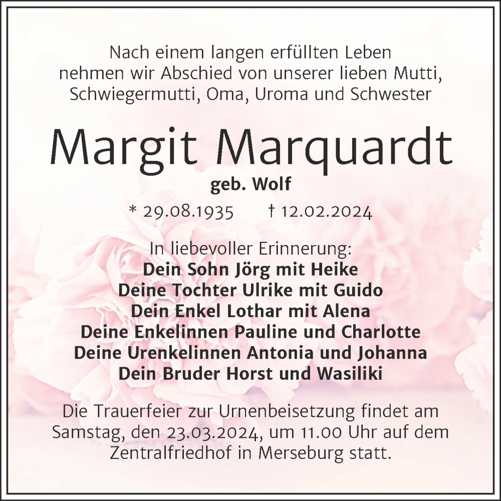  Traueranzeige für Margit Marquardt vom 24.02.2024 aus Trauerkombi Merseburg