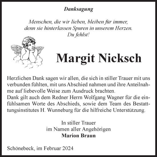 Traueranzeige von Margit Nicksch von Volksstimme Schönebeck