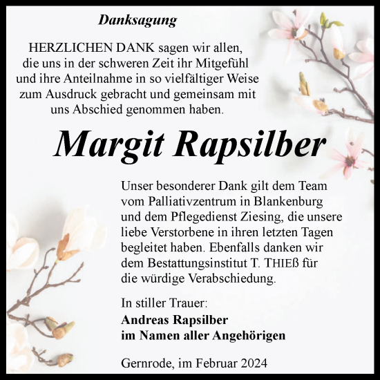 Traueranzeige von Margit Rapsilber von Trauerkombi Quedlinburg
